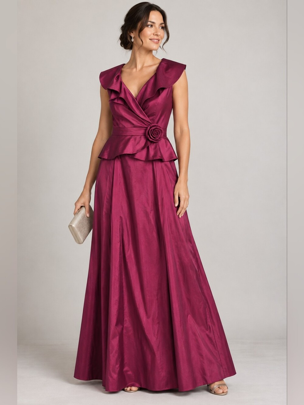 Patra Magenta Stretch Taffeta Ruffle Rosette Formal Gown Size 14
